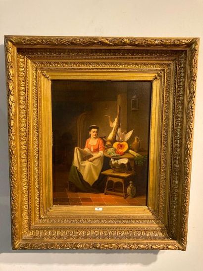 NOTERMAN Emmanuel (1808-1863) "Jeune Femme en cuisine", mi-XIXe, huile sur panneau,...