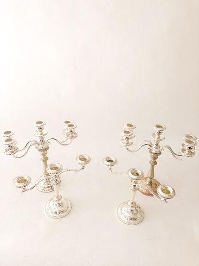 null Two pairs of candelabra (three and five-light), late 20th century, silver metal,...