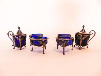 PARIS Suite of four Empire period salt shakers and two tripod mustard makers with...