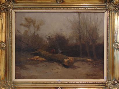 VERSTRAETE Theodoor (1851-1907) "Bûcherons au travail", fin XIXe, huile sur toile...