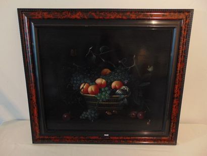 ECOLE FLAMANDE "Corbeille de fruits", 1991, huile sur panneau, signée [T. Verheyleweghen]...