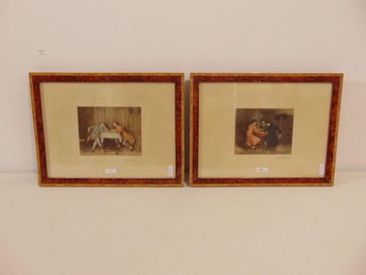 HENNEQUIN "Scènes de genre", two polychrome etchings framed in pendants, signed lower...