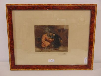 HENNEQUIN "Scènes de genre", two polychrome etchings framed in pendants, signed lower...