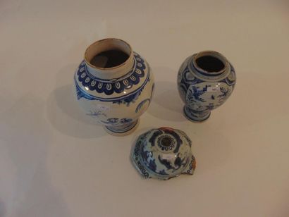 DELFT Two small vases with animated far-eastern decorations in blue monochrome, XVII-XIXth,...