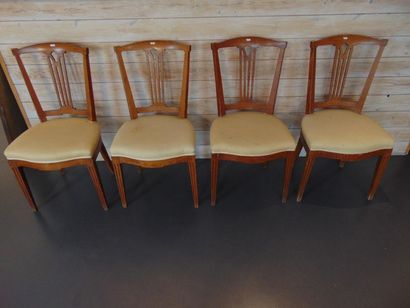 null Suite of four chairs, openwork backrest, 20th century, wood, h. 95.5 cm [al...