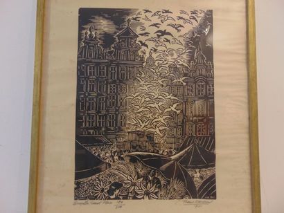 MASEREEL Frans (1889-1972) "Bruxelles, Grand-Place", 1961, xylographie, signée et...