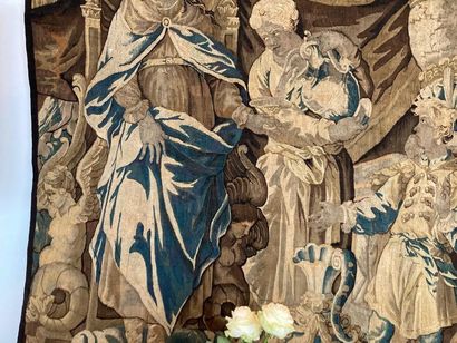 FLANDRES "La Reine de Saba", XVIIe, fragment de tapisserie, 223x193 cm env. [usures,...