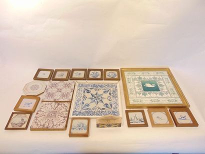 null Set of antique tiles mounted on panels and/or framed, sixteen pieces [various...