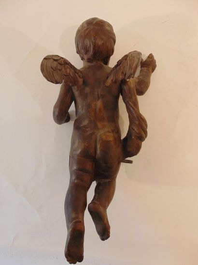null Baroque Angelot, probably 18th century, carved and patinated wood, side hook,...