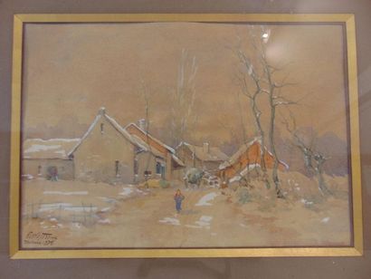 WETTRENS E. "Hamlet in Winter" (sketch on reverse), 1898, watercolour gouache on...