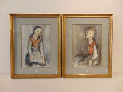DRIES Jean (1905-1973) "Young Girl" and "Young Man", XXth, pair of watercolours on...