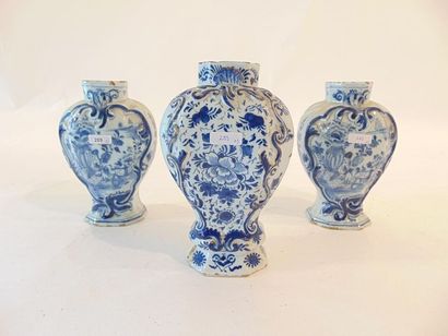 DELFT Three small vases (including one pair) with paneled and far eastern decorations...