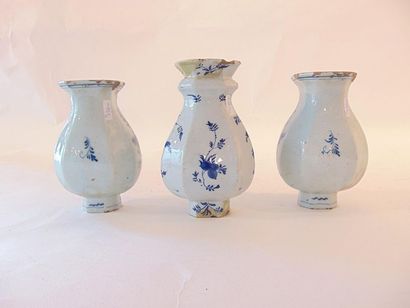 DELFT Three small vases (including one pair) with paneled and far eastern decorations...