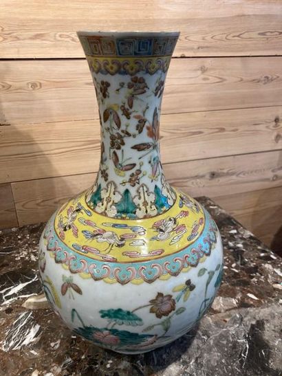 CHINE Vase tianqiuping à col évasé et décor naturaliste en émaux polychromes dits...