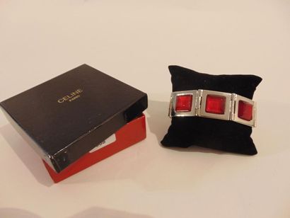 CELINE - PARIS Articulated bracelet in silver plated metal set with ruby, marked,...