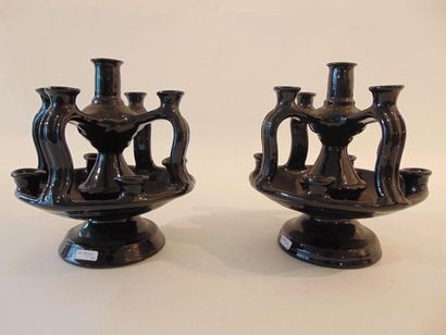 null Pair of nine-flame candelabra, 20th century, earthenware with black cover, h....