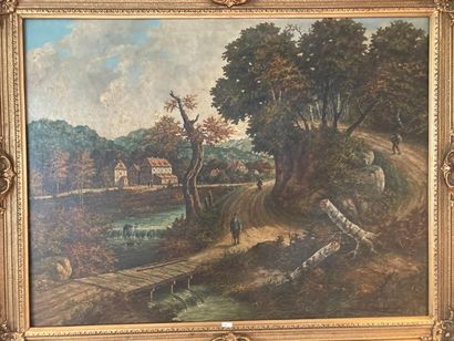 DELBOVE Raoul "Animated Landscape", early 20th century, oil on canvas, signed lower...