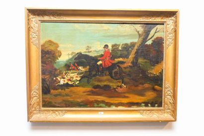 ECOLE FRANCAISE "Vénerie", début XXe, huile sur toile, 47,5x68 cm [altérations (dont...