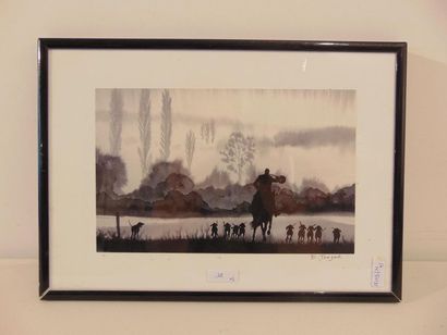 TOUZARD Blandine "Hunting scene", XXth, watercolour on paper, signed lower right,...