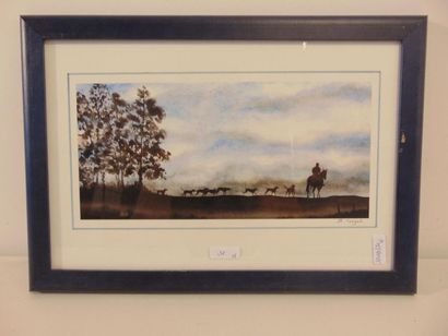 TOUZARD Blandine "Hunting scene", XXth, watercolour on paper, signed lower right,...