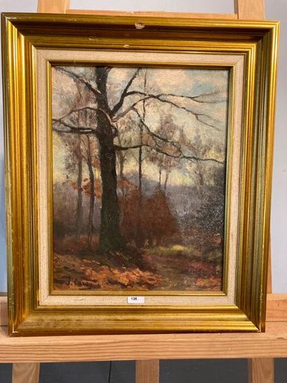 CARON Joseph (1866-1944) "Sous-bois en automne", début XXe, huile sur carton, signée...