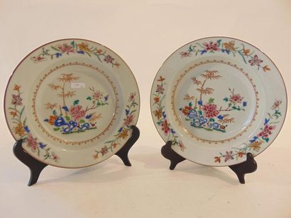 CHINE Pair of dishes and suite of eight plates decorated with flowers, rocks and...