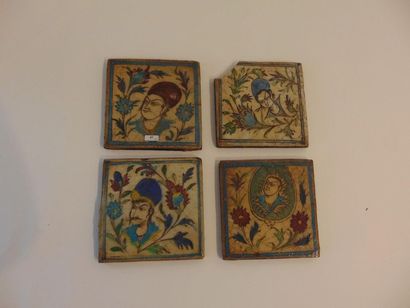 PROCHE-ORIENT Suite of four face-decorated siliceous ceramic tiles in a vegetal surround,...