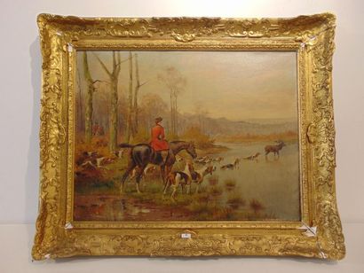 VERNAT B. "Chasse au cerf", XXe, huile sur toile, signée en bas à gauche, 50x65 cm...