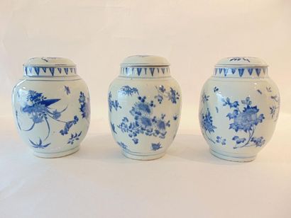 CHINE Suite of three covered ovoid jars decorated with flowers and insects in blue...