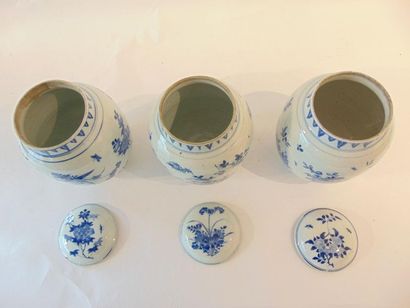 CHINE Suite of three covered ovoid jars decorated with flowers and insects in blue...