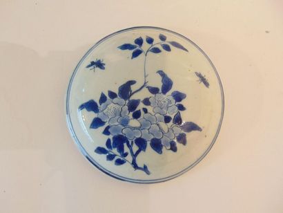 CHINE Suite de trois jarres ovoïdes couvertes à décor de fleurs et insectes en bleu...