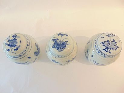 CHINE Suite of three covered ovoid jars decorated with flowers and insects in blue...