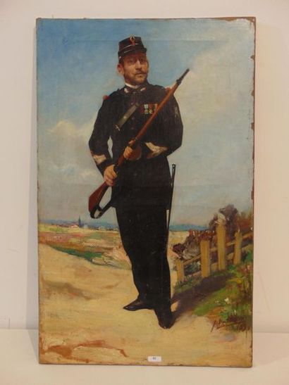 Ecole Belge "Military with rifle", 1898, oil on canvas, signed and dated lower right,...