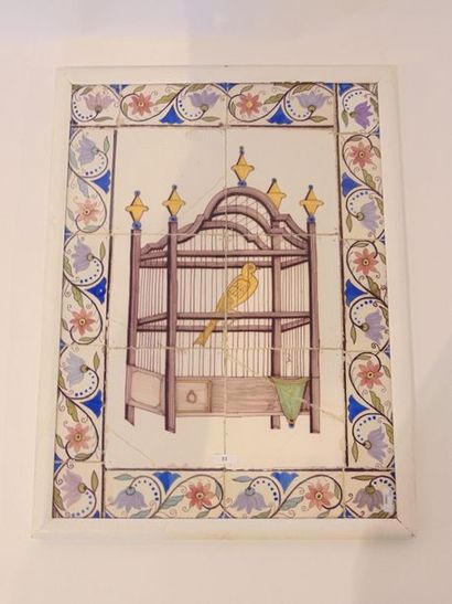 DELFT "Bird in a cage", 18th-19th century, small decorative panel made of tannery...