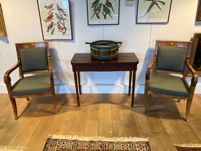 null Pair of Restoration style armchairs with crosier arms, 20th century, varnished...