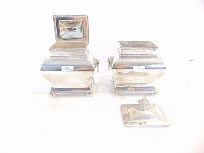 null Pair of sarcophagus tea tins, side mufles, 20th century, silver plated metal,...