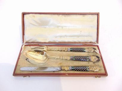 PARIS Set of three pieces of cutlery, 1819-1838, partially enamelled vermeil, punched,...