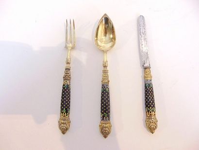 PARIS Set of three pieces of cutlery, 1819-1838, partially enamelled vermeil, punched,...