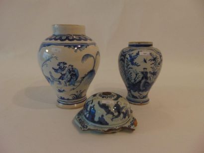 DELFT Two small vases with far-eastern animated decorations in blue monochrome, XVII-XIXth,...