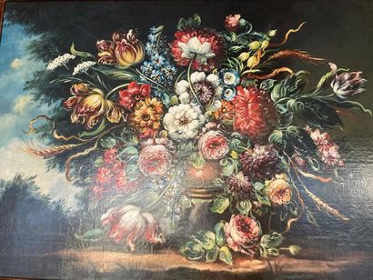 ECOLE FLAMANDE "Bouquet", 20th, oil on canvas, 70x100.5 cm.