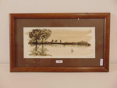 TOUZARD Blandine "Scène de chasse", XXe, aquarelle sur papier, signée en bas à droite,...