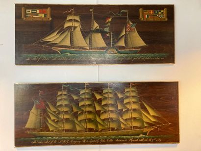 ÉCOLE ANGLO-AMÉRICAINE "Ships", XXth, pair of oils on hanging panel, 61x161 cm [slight...