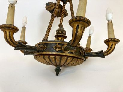 null Empire style chandelier with six light arms, late 19th century, carved and lacquered...