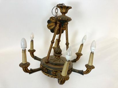 null Empire style chandelier with six light arms, late 19th century, carved and lacquered...