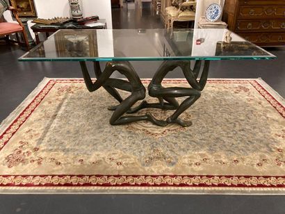 null Rectangular table with Atlantes, 20th century, bronze with shaded patina and...