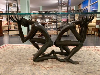 null Rectangular table with Atlantes, 20th century, bronze with shaded patina and...