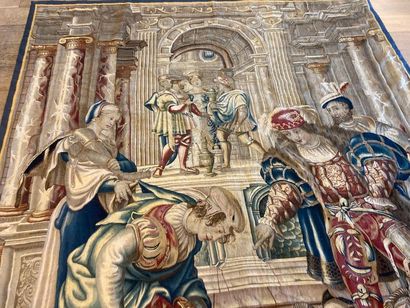 null FLANDRES, "Scène aulique", probablement fin XVIe, très beau fragment de tapisserie,...