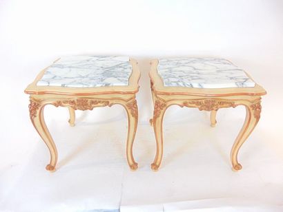 null Pair of square coffee tables in Louis XV style, 20th century, carved and lacquered...