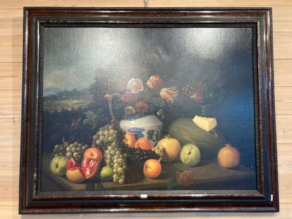 ECOLE FLAMANDE "Nature morte de fruits sur fond de paysage", XVIII-XIXe, huile sur...