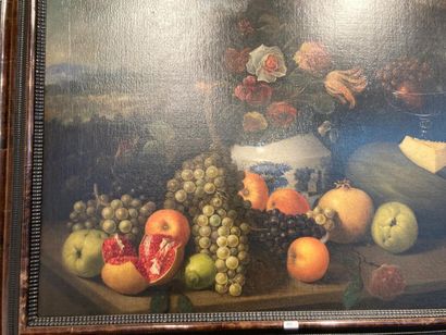 ECOLE FLAMANDE "Nature morte de fruits sur fond de paysage", XVIII-XIXe, huile sur...